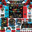 Gamer Birthday Party Decorations 206PCS Video Game Birthday Decorations with Game On Plates LEVEL UP Tablecloth Cups Napkins Go Win Backdrop Banner Balloons Hanging Swirls for Teenager,Serve 25