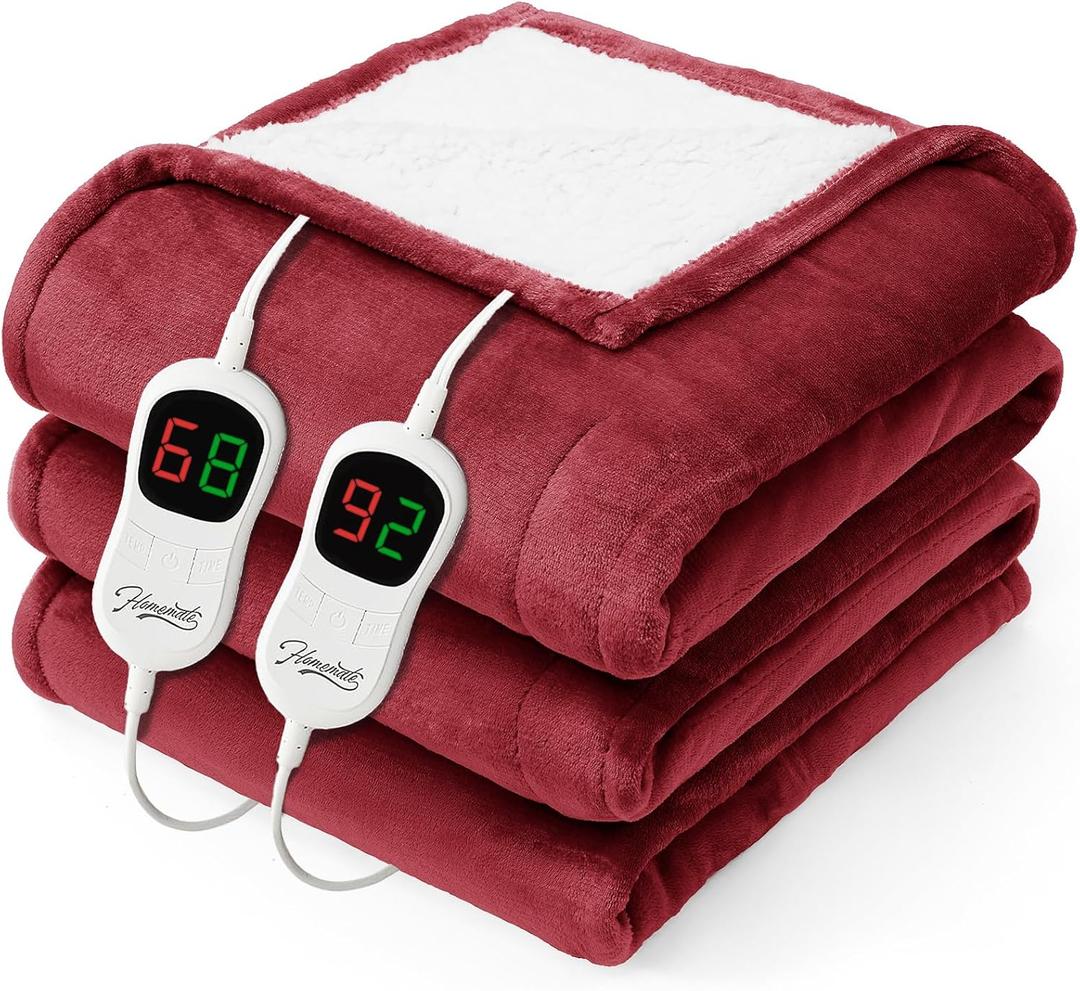 Homemate Electric Heated Blanket Queen - 84"x90" Heating Bed Blankets Throw with 10 Heating Levels 8 Hours Auto Off Fast Heating Over-Heated Protection Ultra Soft Warm Flannel ETL Certified Red (07-wine Red)