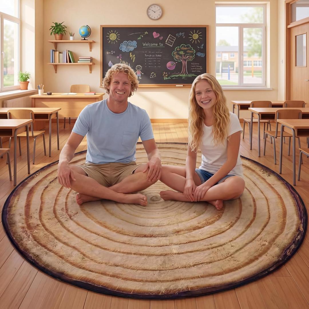 Dunzy 5ft Round Vintage Tree Stump Wood Carpet Washable Non-Slip Nature Photography for Living Room Bedroom Playroom Dorm Office Seating Playmat Camping Photography Marshmallow Fire Party Decor