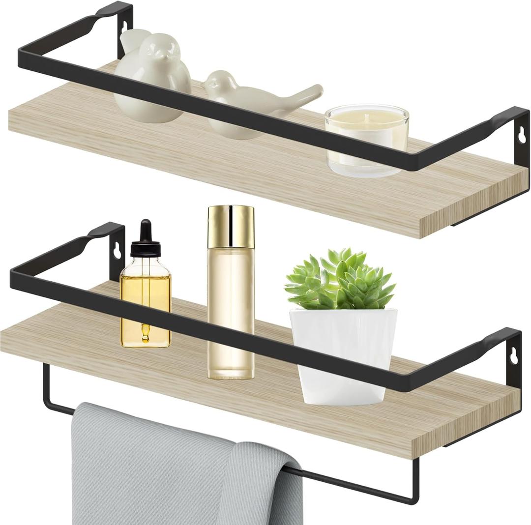 Home Decor Floating Shelves, Wall Shelves with Towel Bar, Bathroom Wall Decor, Floating Shelves Wood for Living Room/Kitchen/Bedroom, (Black-Natural) Floating Bathroom Shelves
