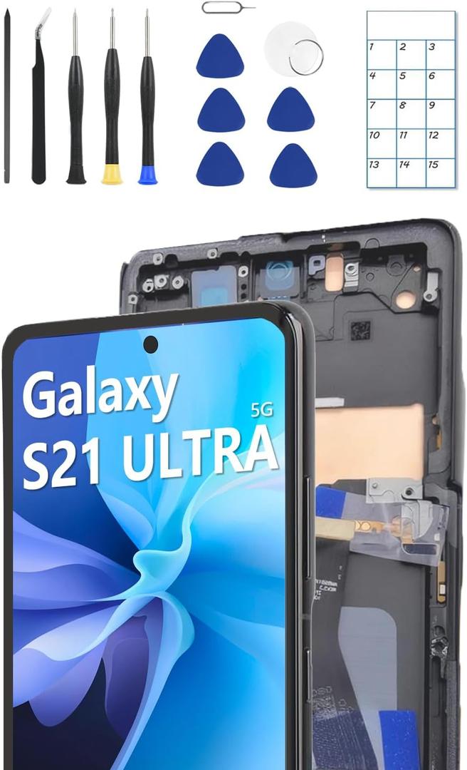 OLED for Samsung Galaxy S21 Ultra 5G Screen Replacement OLED Display Touch Screen Digitizer Assembly Supports Fingerprint with Frame + Tools + Replacement Guide (Black)