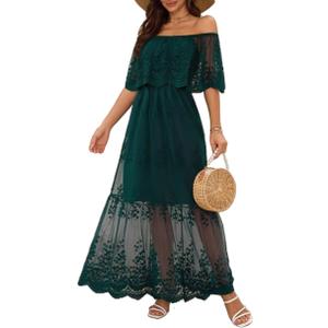 Women's Off The Shoulder Embroidered Lace Maxi Wedding Dress Boho Wedding Guest Formal Party Maternity Photoshoot Dresses (Green, XXL)