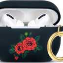 Flower Silicone Compatible with AirPods Pro Case 2019, Gawnock Soft Case Cover Flexible for Print Cover for Women Girls with Keychain - (Black/Rose Flower-1)