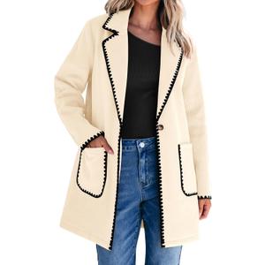 luvamia Pea Coats for Women Trendy Embroidered Contrast Trim Long Peacoat Jackets Lapel Button Winter Coat with Pockets (X-Large, Light Beige)