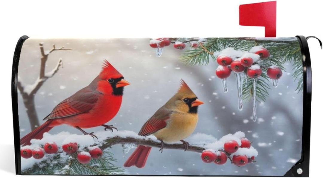 Winter Cardinal Birds Magnetic Mailbox Covers Christmas Snow Berry Mailbox Cover Over Size Full Magnet Garden Yard Porch Mail Boxes Cover Holiday Decorations 25" L x 21" W