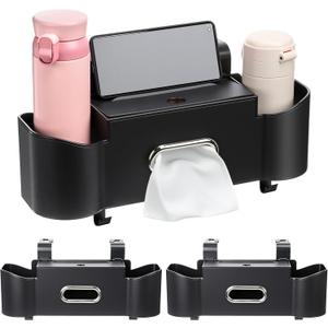 LemonRoad 2 Pack Multifunctional Car Seat Back Storage Box Car Seat Back Organizer with Tissue Box, 2 Cup Holders and Hooks for Hold Phone, Drinks, Handbag, Fits for Most Vehicles(Black)