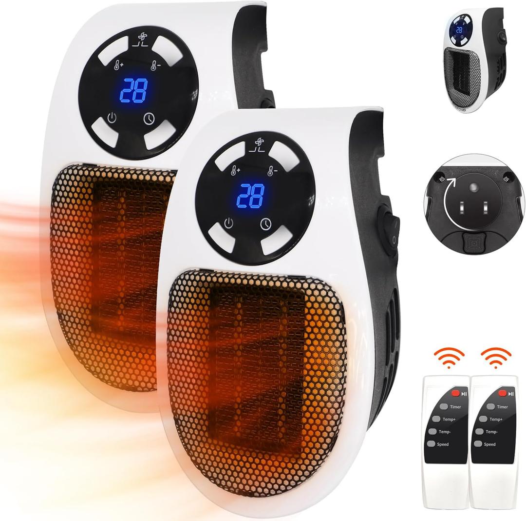 2PCS Ecowarm Plug in Heater, 500W Wall Outlet Electric Space Heater as Seen on TV, Small Portable Space Heater with Adjustable Thermostat & Timer & Led Display for Office Bathroom Bedroom Indoor Use