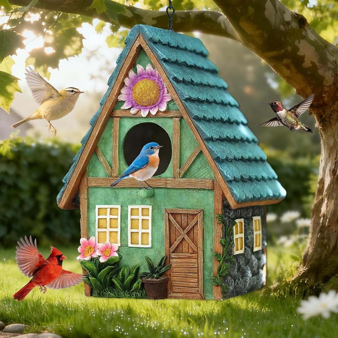 Bird Houses for Outside Cottage-Style Hanging Birdhouse with Flower Accents Hand-Painted Resin Decorative Birdhouses for Outdoors for Bluebird Finches Cardinals Bird Nesting Garden, Patio, Yard