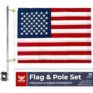 Boat Flag Pole Kit 12x18 Embroidered USA Flag + Stainless Pole & Clips | Marine-Grade, High Wind-Resistant, for Pontoon, Yacht, Deck Mount (USA Kit 12x18 Inch)