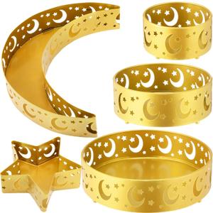 meekoo 5 Pcs Ramadan Serving Trays Eid Mubarak Round Crescent Moon Star Shaped Metal Food Trays Iron Platters for Serving Food Home Islamic Muslim Party Decoration Table (Gold,Star Moon Hollow Style)