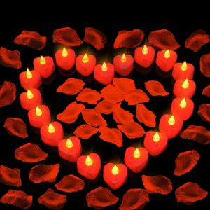 1000 Pieces Artificial Red Rose Petals with 24 Pieces Heart Romantic Flameless LED Tealight Candles for Special Night, Love Candle for Valentine's Day, Anniversary Decorations, Wedding, Engagement