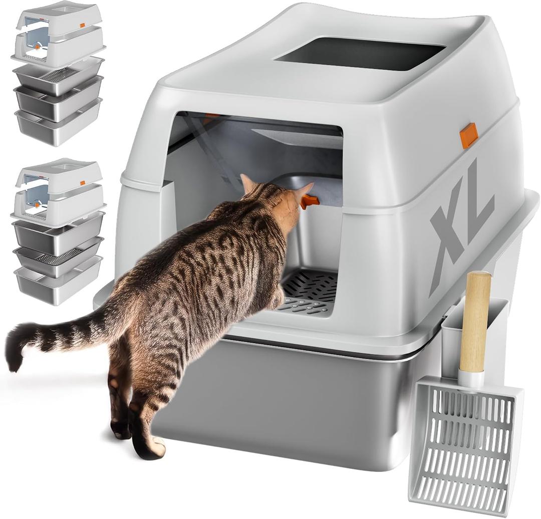 Tom & Sora Creations Stainless Steel Sifting Litter Box, Sifting Cat Litter Box for Pine Pellets and Clay Litter, Multifunctional, Low Maintenance, Odor Free, Leak Free, Enclosed, XL, Grey