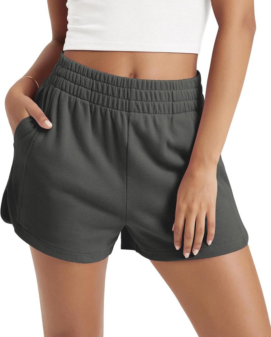 ODODOS Women's Sweat Shorts Cotton French Terry Curved Hem Workout Casual Relaxed Lounge Shorts with Pockets, Charcoal, Small
