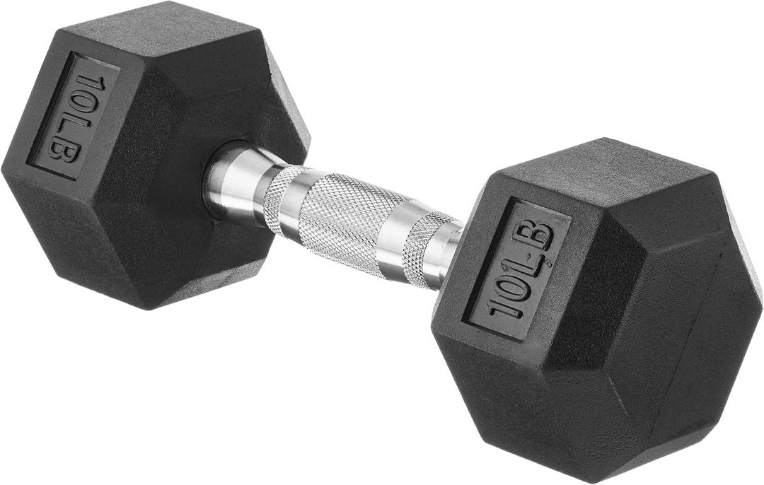 Amazon Basics Rubber Hex Dumbbell with Hexagon Shape and Rubber Coating, Comfortable Handle for Home Workout, 10 Pounds, Single, Black