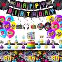 3 x 80s Birthday Party Decorations 32 PCS Balloon Set Kit with Happy Birthday Banner, Record Foil Balloons, Tablecloth, Cake Toppers, Latex Balloons for Retro 1980s Theme Party Supplies