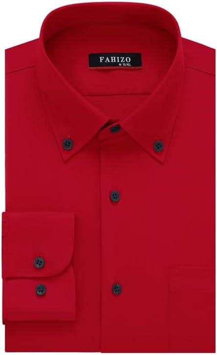 FAHIZO Men's Dress Shirt Regular Fit Soild Casual Business Formal Long Sleeve Button Down Shirts with Pocket (XX-Large, Bright Red)