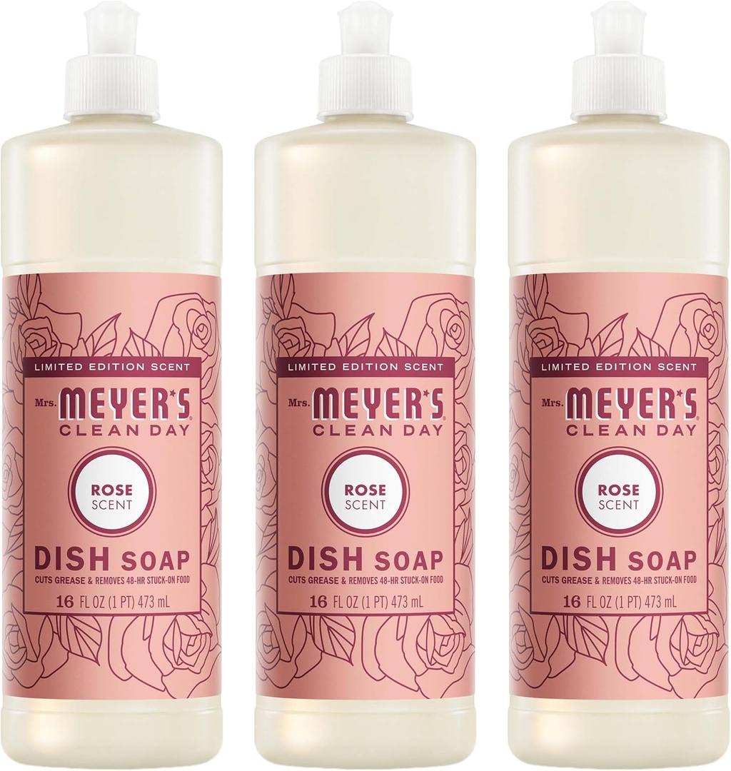 MRS. MEYER'S CLEAN DAY Liquid Dish Soap, Rose Scent, 16 Fl Oz Bottle - 3 Pack