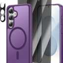 4 in 1, Magnetic for Samsung Galaxy S25 Case, 2 Pics Privacy Screen Protectors and 1 Pic Camera Protector, Fit for MagSafe, Military Grade Shockproof Translucent Matte Galaxy S25 Cover 6.2 , Purple
