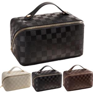 Large Capacity Checkered Makeup Bag Portable Travel Cosmetic Bags Open-Flat Toiletry Bag for Women Girls Make Up Organizer with Divider Pouch Zipper Bag (Black-Checkered)
