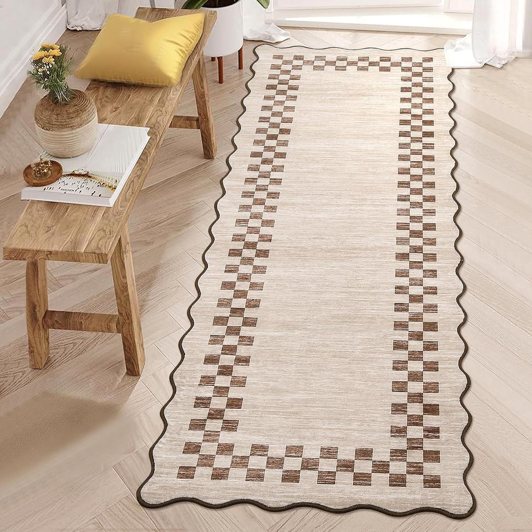 GarveeHome Hallway Runner Rug 2x6 Non Slip Scalloped Washable Rug for Kitchen Entry Stain Resistant Modern Border Throw Floor Carpet Long Runner Mat for Bathroom Living Room Bedside, Beige