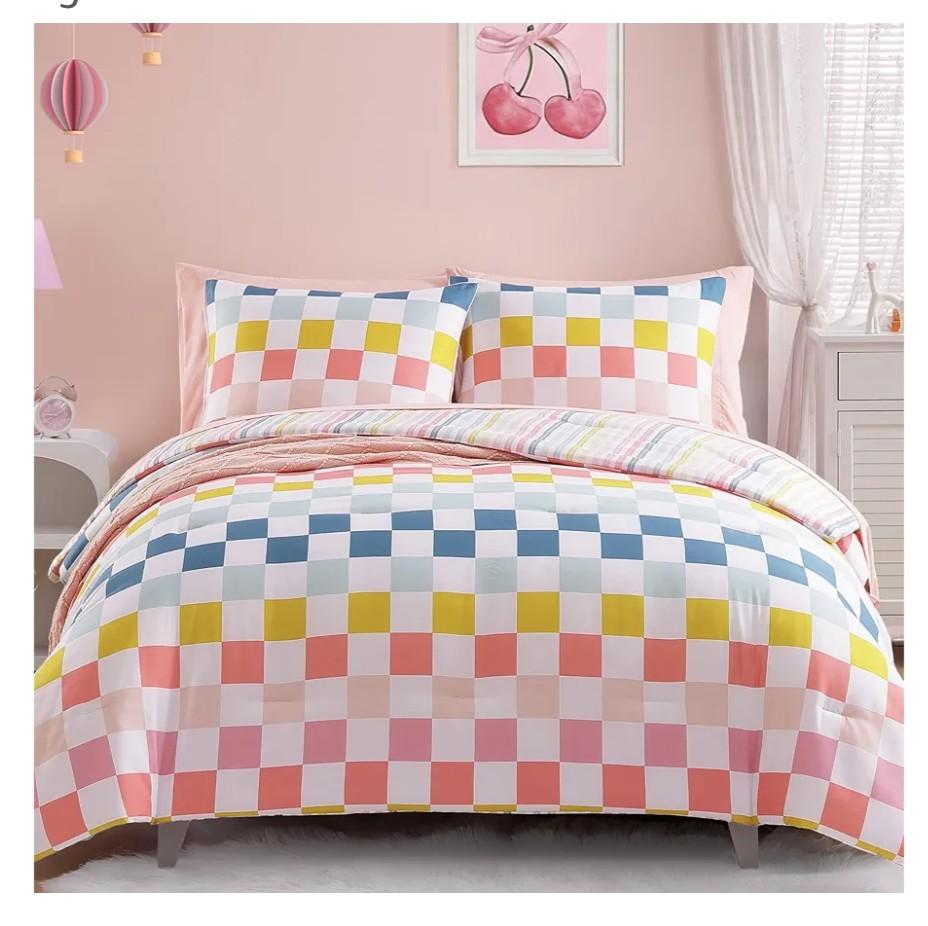 Wink Deer Twin Comforter Set for Girls5 Pieces Colorful Check Twin Bedding Sets for Kids, Ultra Soft Bed in A Bag with Sheets