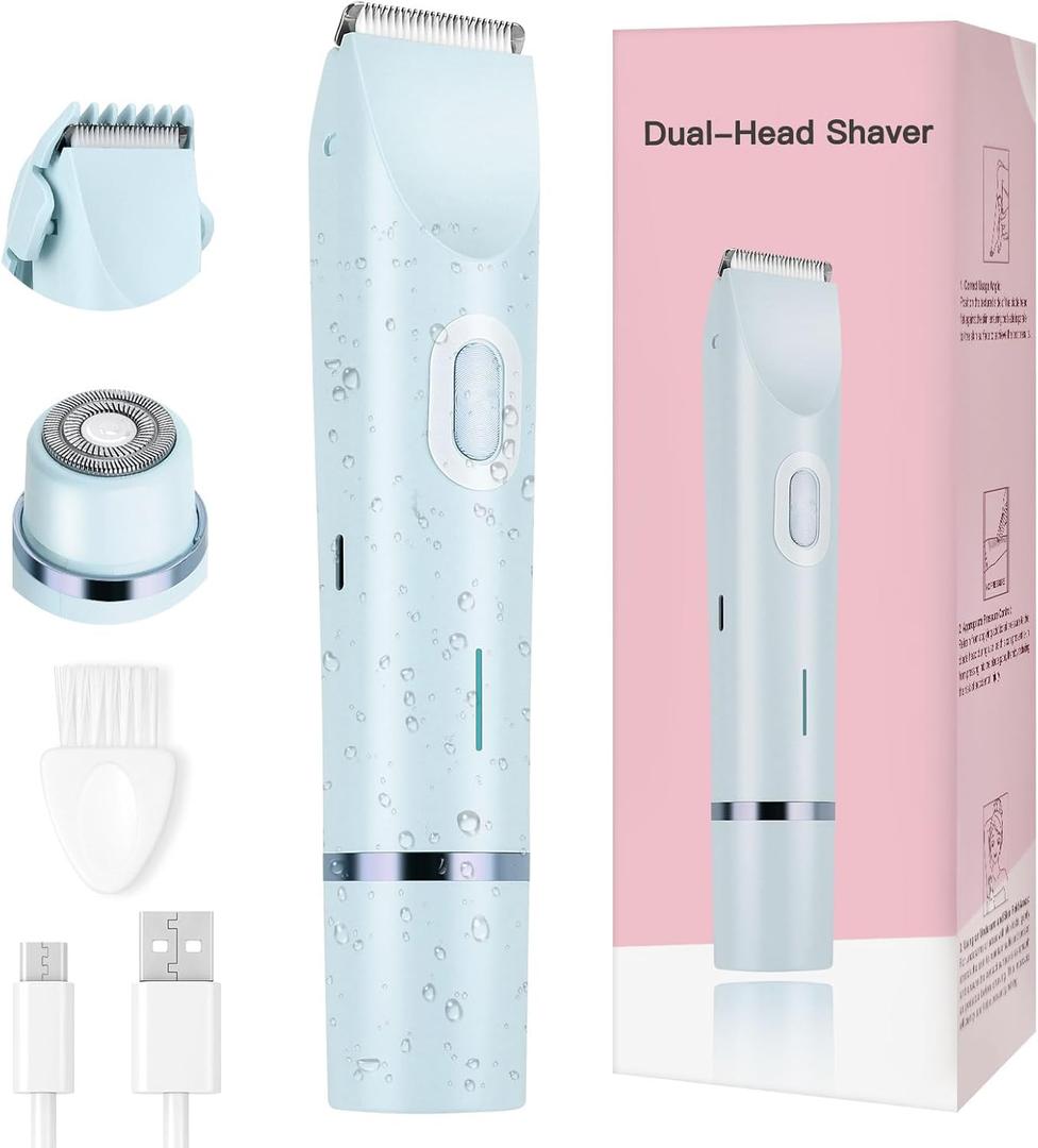 Women's Bikini Trimmer, 2-in-1 Electric Shaver for Bikini Line, Legs, Underarms, Face - Waterproof Women's Electric Shaver for Sensitive Skin, USB Rechargeable (Blue)