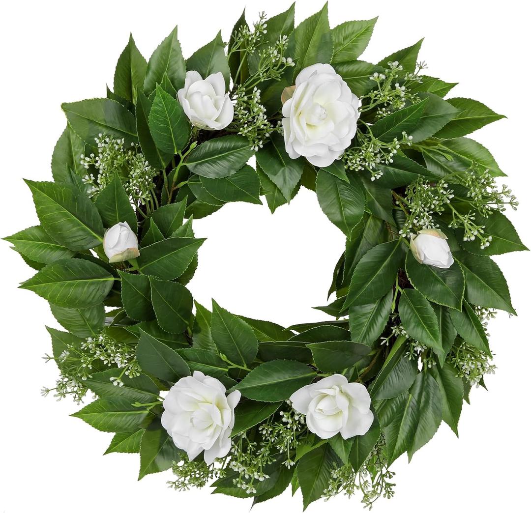 18 Inch Artificial Camellia Wreath for Front Door Spring Summer Door Wreaths Floral Wreath for Farmhouse Wedding Wall Mantel Porch Window All Season Indoor Outdoor Home Decor