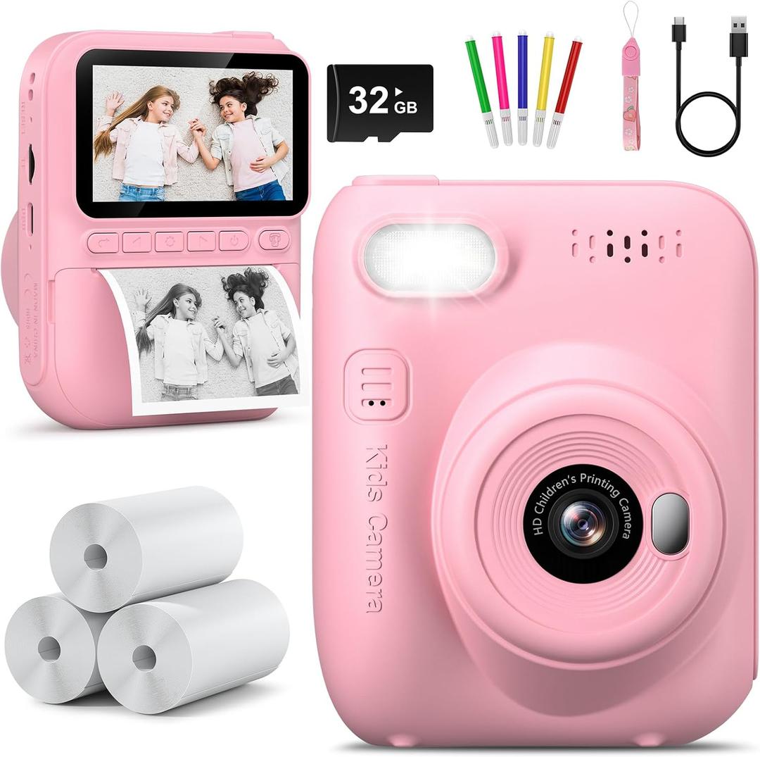 Kids Camera Instant Print -Toddler Portable Travel Print Digital Photo Camera Toy, Holiday Birthday Graduation Gift for Kid 3-12 Year Old, Photomaker Kit for 4 5 6 7 8 9 10 Boys Girls（Pink）