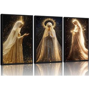 3Pcs Virgin Mary Canvas Wall Art Our Lady of Guadalupe Radiating Golden Wall Decor Pictures Black Religious Catholic Poster Prints for Church Prayer Room Christian Home Decoration 12x16in Unframed