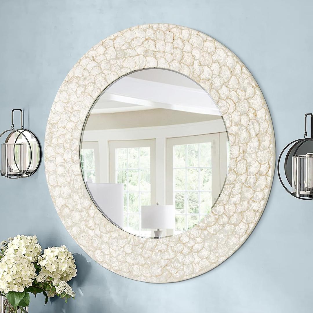 Round Coastal Mirror with Capiz Shell Frame, 36'' Large Circle Bathroom Mirrors, Decorative Wall Mirror for Living Room Dining Room Mantel Entryway