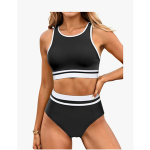 Yonique Women Sport Bikini Set for Teen Juniors Two Piece Swimsuit High Waisted Bathing Suit Size, L, Black & White
