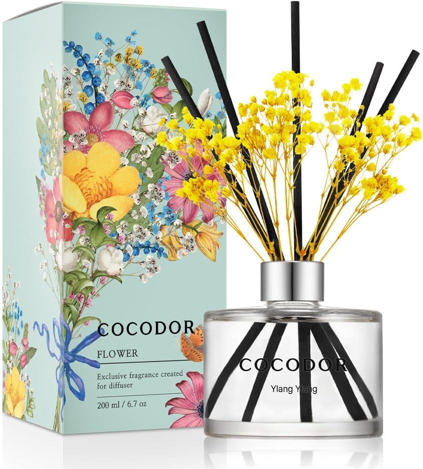 COCODOR Flower Reed Diffuser Set / 6.7oz / Ylang Ylang/Scent Diffuser with Sticks Home Fragrance Reed Diffuser for Bathroom Shelf Decor (Real Flower/6.7Ounce/1Pack)
