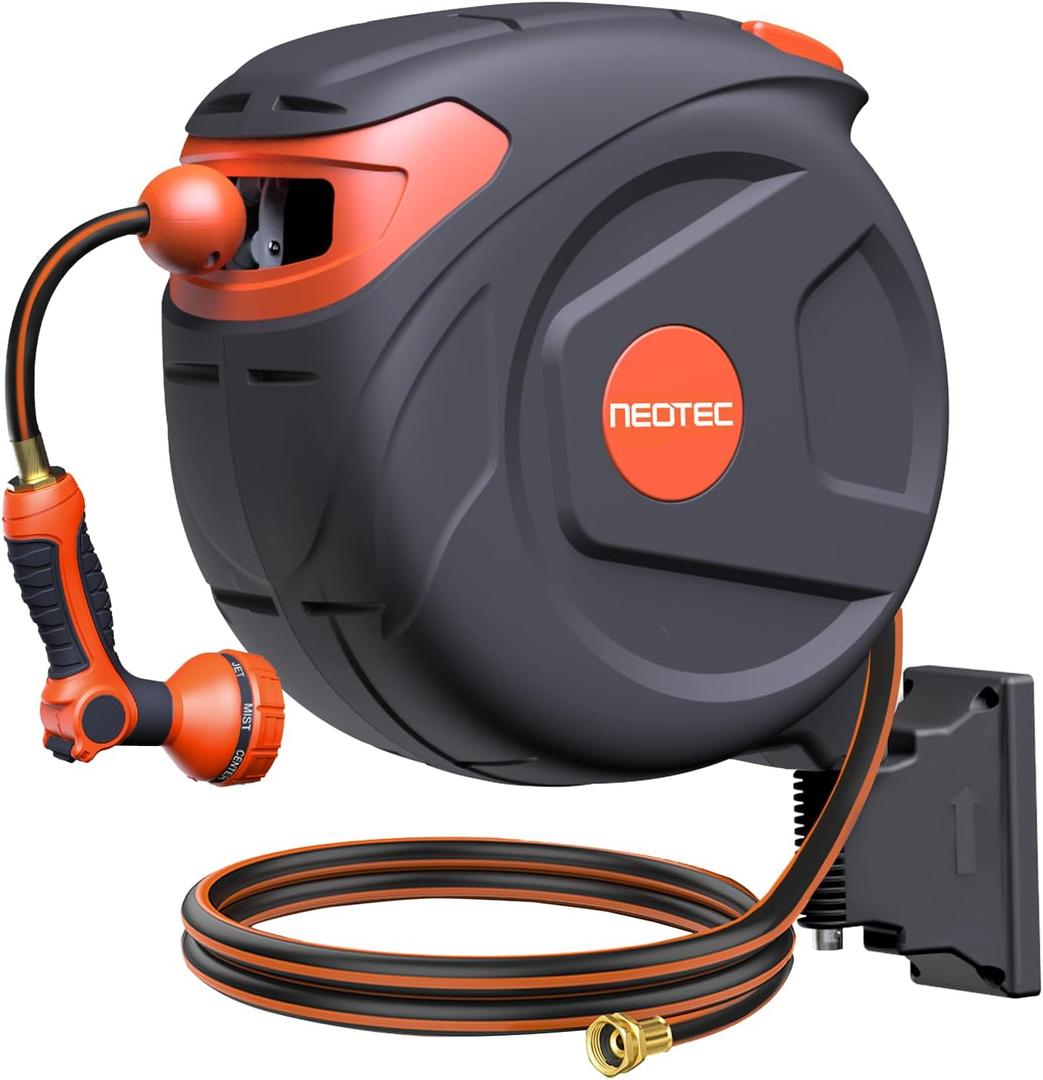 New Retractable Garden Hose Reel 5/8 inch x 65 ft Any Length Lock 9 Pattern Nozzle Wall-Mounted Automatic Slow Return 180 Swivel UV Resistant Heavy Duty Hose Reels for Outside