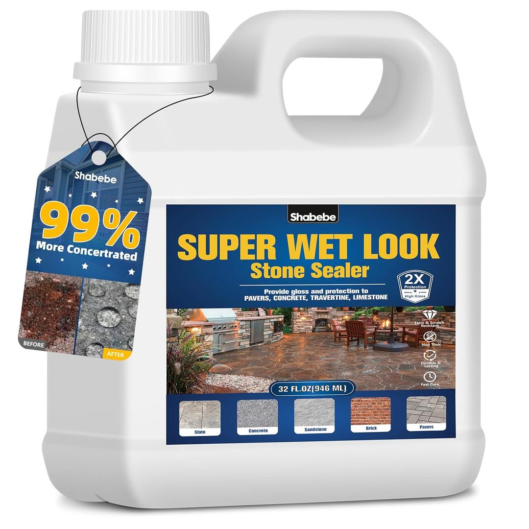 Super Wet Look Stone Sealer 32oz/946ML [2025 Upgarde]Durable & Long-Lasting Protection, High Gloss Finish for Patios, Driveways, Pavers, Interior & Exterior Color Enhancement & Easy Maintenance