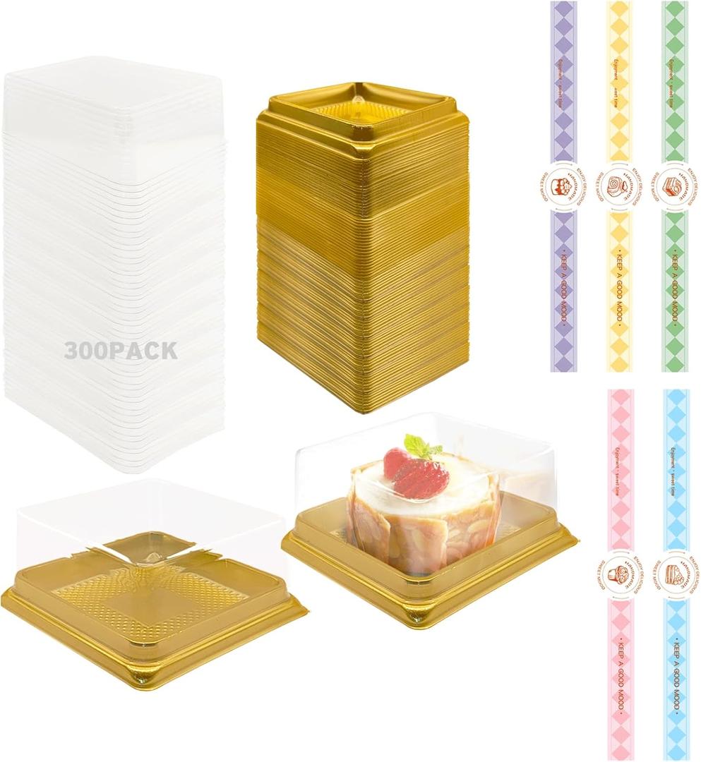 BenRan 100 Set 3.5 Inch Moon Cake Box Clear Plastic Mini Cake Cupcake Small Muffins Boxes Cake Pans with Lids Gift Dessert Containers Bonus 100 Pcs Cakes Stickers