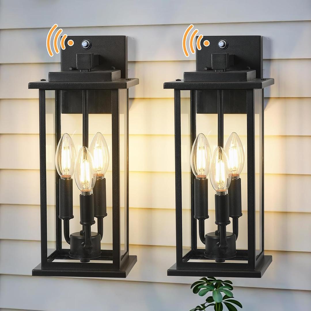 Dusk to Dawn Outdoor Wall Lantern Candelabra 3-Light, 15" Exterior Wall Light Fixture with E12 Base Outside Lights for House Porch Garage, Black 2 Pack