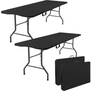 2 Pack 5 Feet Portable Folding Table Black, Steel Legs Fold-in-Half with Carrying Handle Rectangular Plastic Foldable Table for Party, Wedding, Camping, Picnic, Dining, Indoor Outdoor Events (Black)