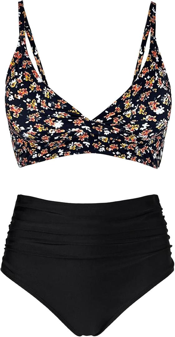 Women's High Waisted Bikini Sets Push Up Twist Front Spaghetti Straps Ruched Two Piece Swimsuit Bathing Suit (Medium, Flower Black)
