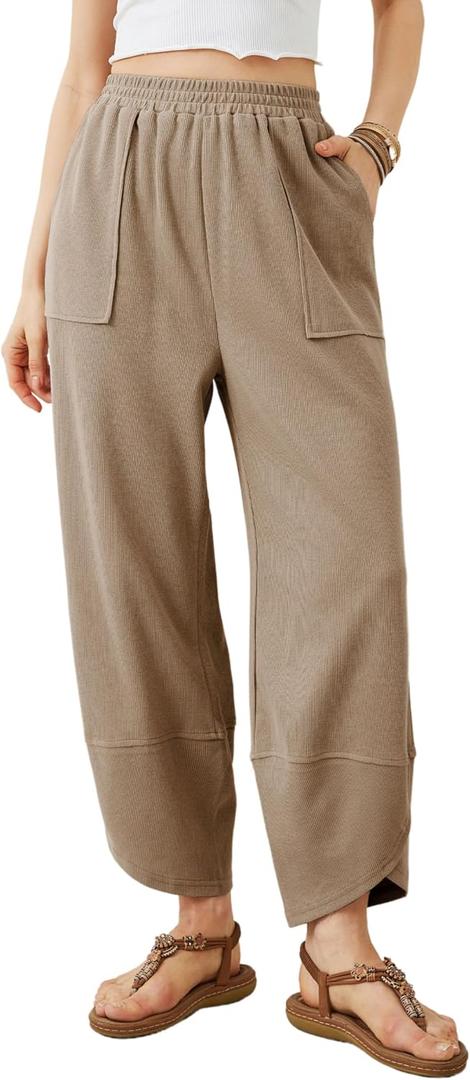 Xiaoxuemeng Womens Baggy Wide Leg Pants Casual Elastic Waisted Palazzo Harem Pants with Pockets (Beige), Medium
