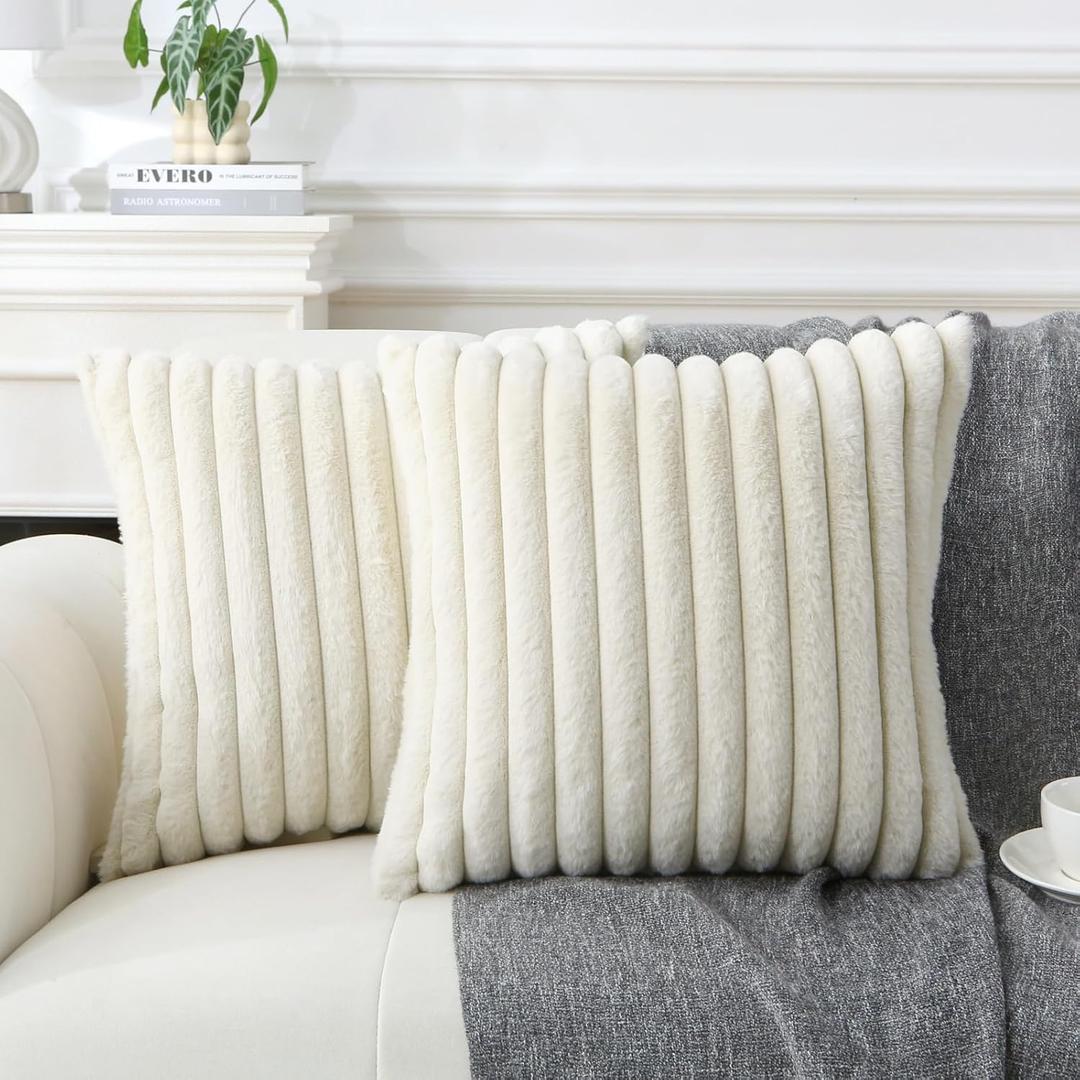 Decorative Throw Pillow with Inserts, Set of 2 Soft Faux Fur Throw Pillows, Square Boho Striped Pillow for Couch, Bed, Sofa Decor(Beige, 18" x 18")