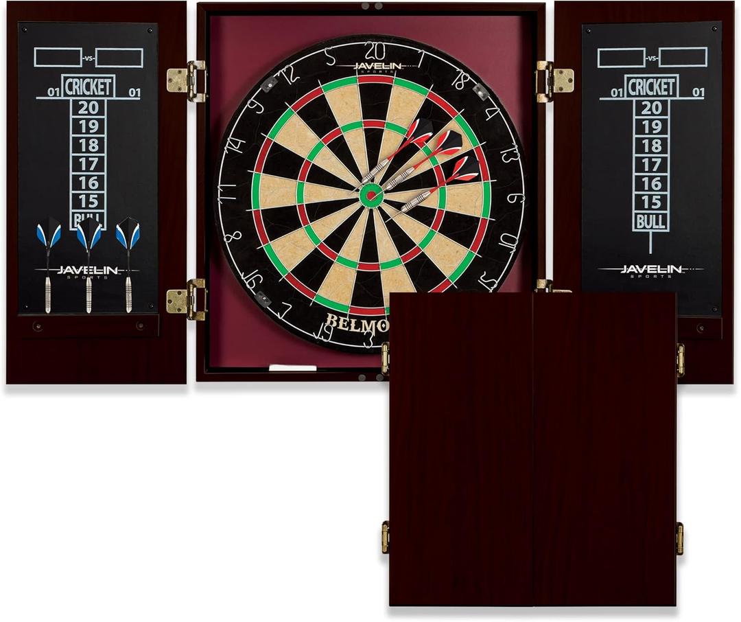 EastPoint Sports Official Size Dart Board Cabinet Set- Easy-Assembly & Complete with 6 Deluxe Steel Tip Darts and Accessories -Premium Darts Set with Scoreboard for Bar Games & Indoor Games (Black)