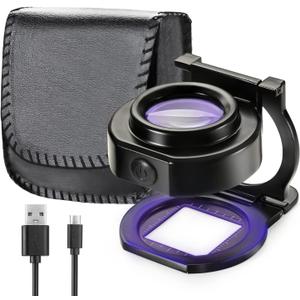 25X Loupe Magnifier with 6 Light, USB Rechargeable Three-Folding Desktop Portable Metal Eye Loupe Scale Sewing Magnifing Glass for Textile Optical Jewelry Tool Coins Currency