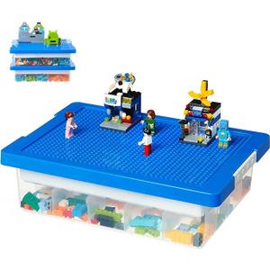 Toys Storage Organizer Box for Lego, Toy Box with Building Plate Lid and Removable Tray, Building Block Storage, Stackable Plastic Organizer Bins, Blue and Red