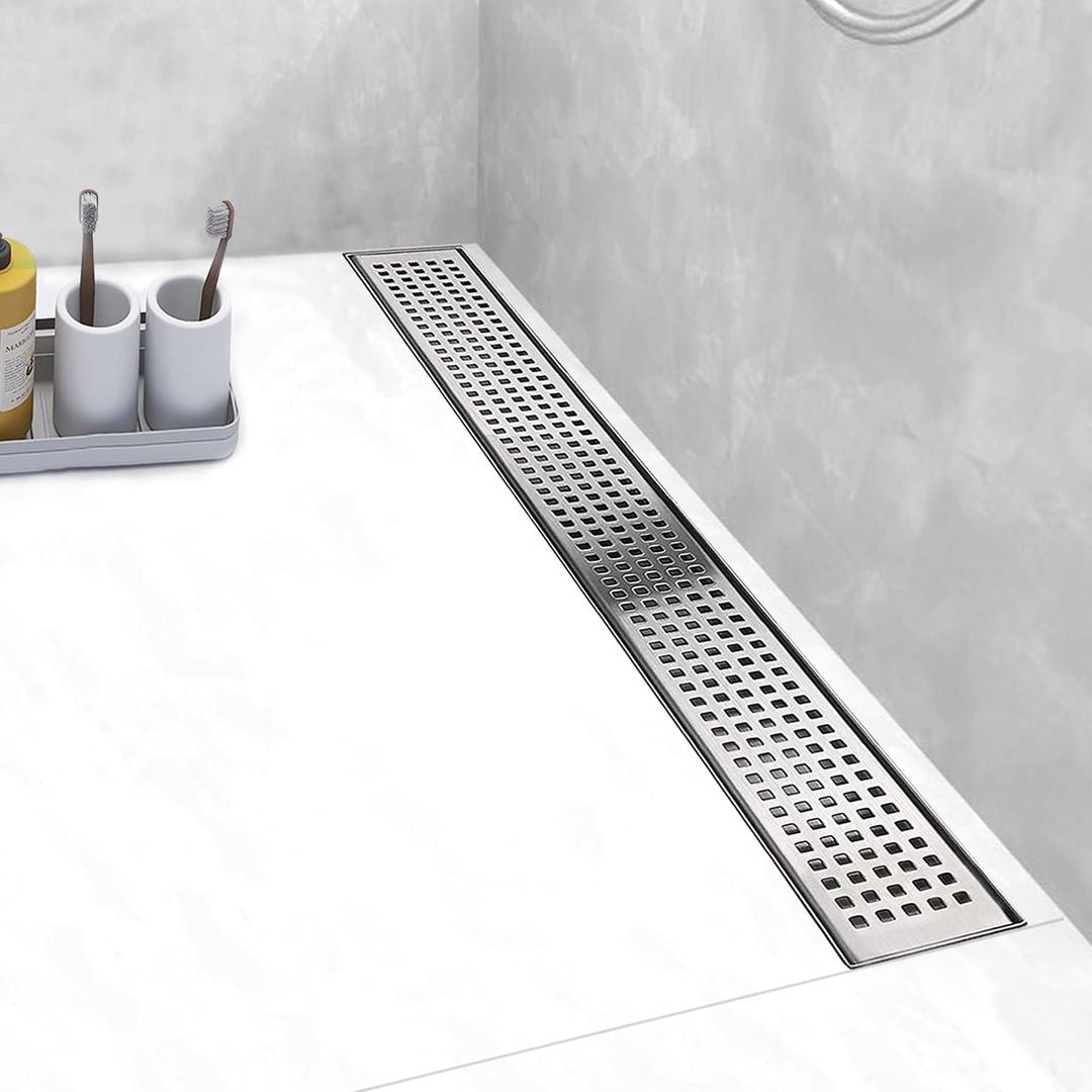 Linear Shower Drain, Drain 18 inch with Removable Grate Cover, Professional AISI 304 Stainless Steel Shower Floor Drain, Shower Drain with Hair Catcher and Leveling Feet
