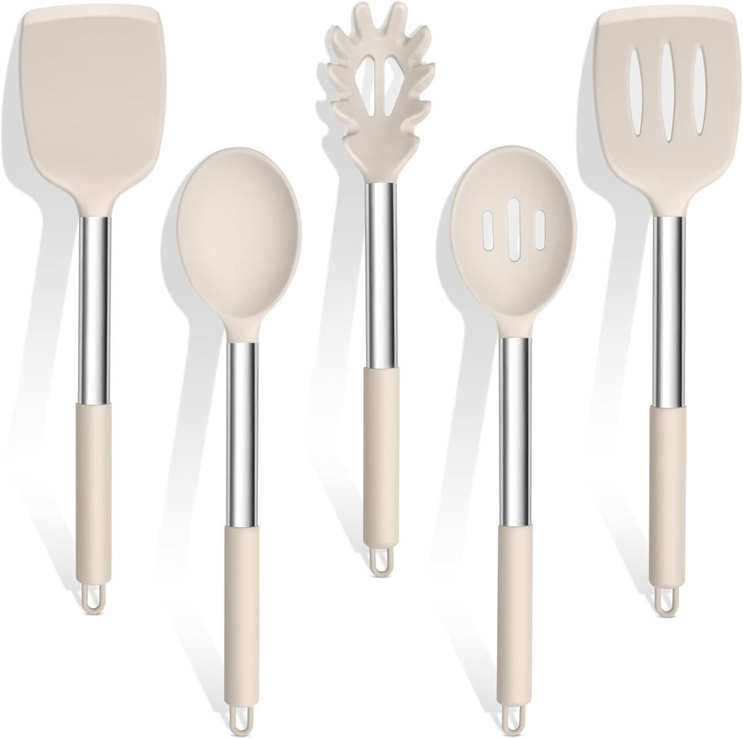 TeamFar Cooking Utensils Set, 5 PCS Silicone Kitchen Utensils with Stainless Steel Handle for Nonstick Cookware Turning Flipping Frying Draining, Heatproof & Healthy, Nonstick & Easy Clean, Khaki (Khaki)
