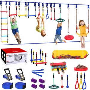 2x65 FT Ninja Warrior Obstacle Course for Kids with 13 Ninja Accessories - 600lbs Weight Capacity, Slackline with Swing Seat, Disc Swing, Ninja Wheel, Rope Ladder, Monkey Bar, Ninja Ring, Arm Trainer (Blue Line 13 Obstacles)