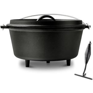 8QT Pre-Seasoned Cast Iron Camp Dutch Oven with Lid, Large Camping Dutch Oven Pot, incl. Lid Lifter - Dual Handles - for Outdoor Campfire, Grill, Oven & Stovetop Cooking-Black