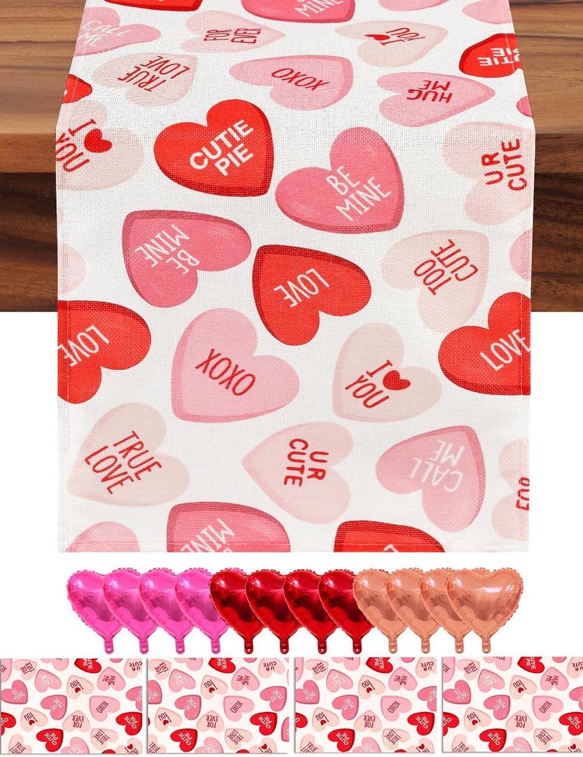 multiwins Valentines Day Table Runner and Placemat Set: 13"x48" Pink Ture Love Heart Table Runner with 4 Pcs 12"x18" Mats - Includes Love Balloon, 12 Heart Balloons, Stickers & Straws for Home Decor