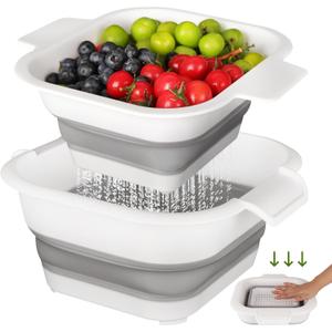 Collapsible Colander Set with Strainer Bowl, 2 in 1 Fruit Washing Basket with Strainer, 5 + 3 QT Plastic Colander for Kitchen, Foldable Double Layered Colanders Bowl for Berry, Vegetable, Grey & White