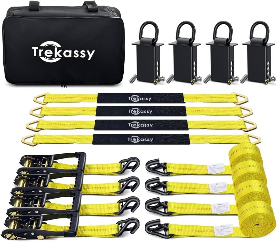 Trekassy Car Tie Down Straps for Trailers with Stake Pocket D Ring (4PK), Includes 4 Pack Axle Straps, 10,000lbs Break Strength, Used for Car, Truck, UTV Transport (Yellow)